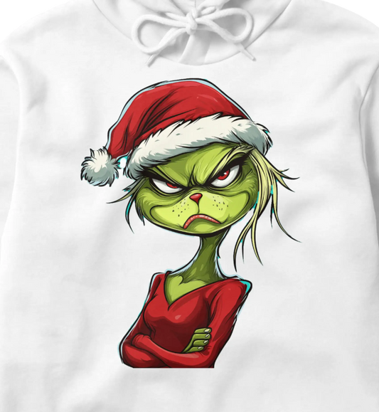 White cropped hoodie featuring a sassy Grinch design in a Santa hat and red outfit on the front, with ‘Grinchy’ text printed on the sleeve.