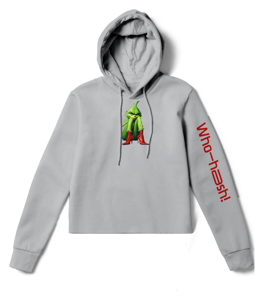 Gray cropped hoodie featuring a playful Grinch design on the front, with ‘Who-hash!’ text printed on the sleeve in red