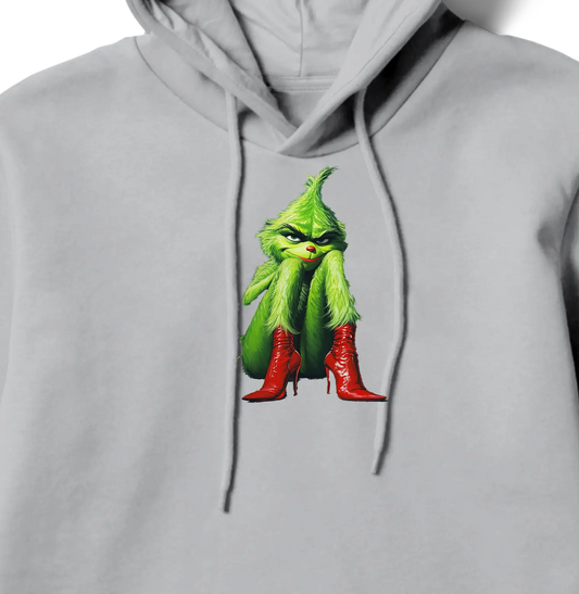 Gray cropped hoodie featuring a playful Grinch design on the front, with ‘Who-hash!’ text printed on the sleeve in red