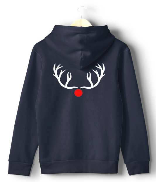 Navy blue hoodie featuring a festive reindeer design with antlers and a Santa hat on the front, and a red-nosed reindeer antlers design on the back.