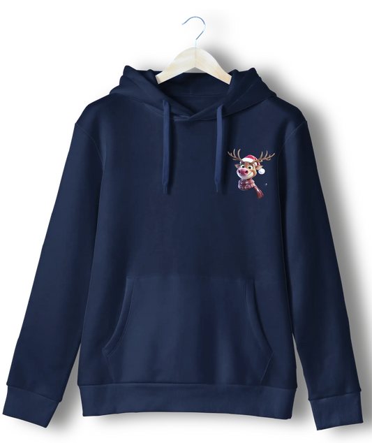 Navy blue hoodie featuring a festive reindeer design with antlers and a Santa hat on the front, and a red-nosed reindeer antlers design on the back.