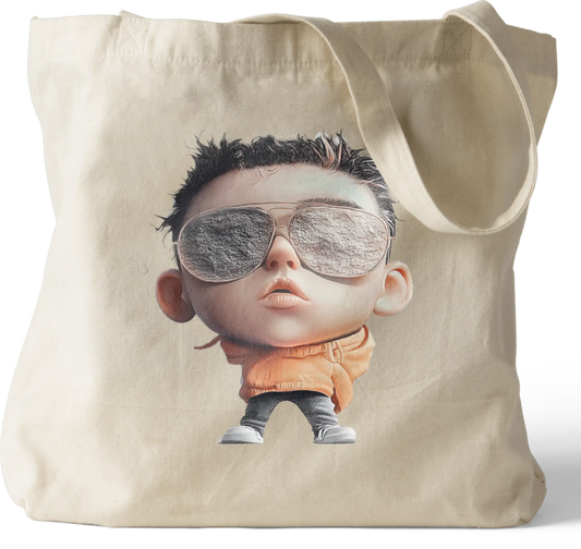 Shady Swag Tote bag featuring a playful design of a boy wearing oversized concrete sunglasses and a confident street-style look.