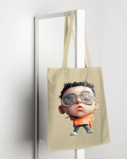 Shady Swag Tote bag featuring a playful design of a boy wearing oversized concrete sunglasses and a confident street-style look.