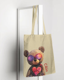 Câlin Tote bag , Big Mood  featuring an adorable teddy bear wearing sunglasses and holding a heart