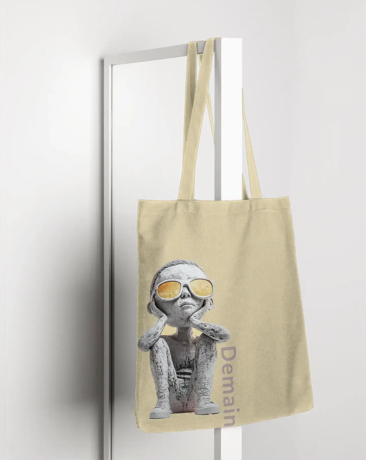 Demain Tote bag featuring a captivating design of a boy in sunglasses gazing upward, symbolizing hope, curiosity, and connection to the future, with ‘Demain’ text printed along the side.