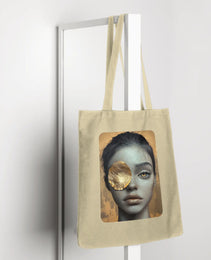 Golden Gaze Tote bag featuring an artistic design of a woman’s face with a captivating golden eye patch, symbolizing bold and expressive art.