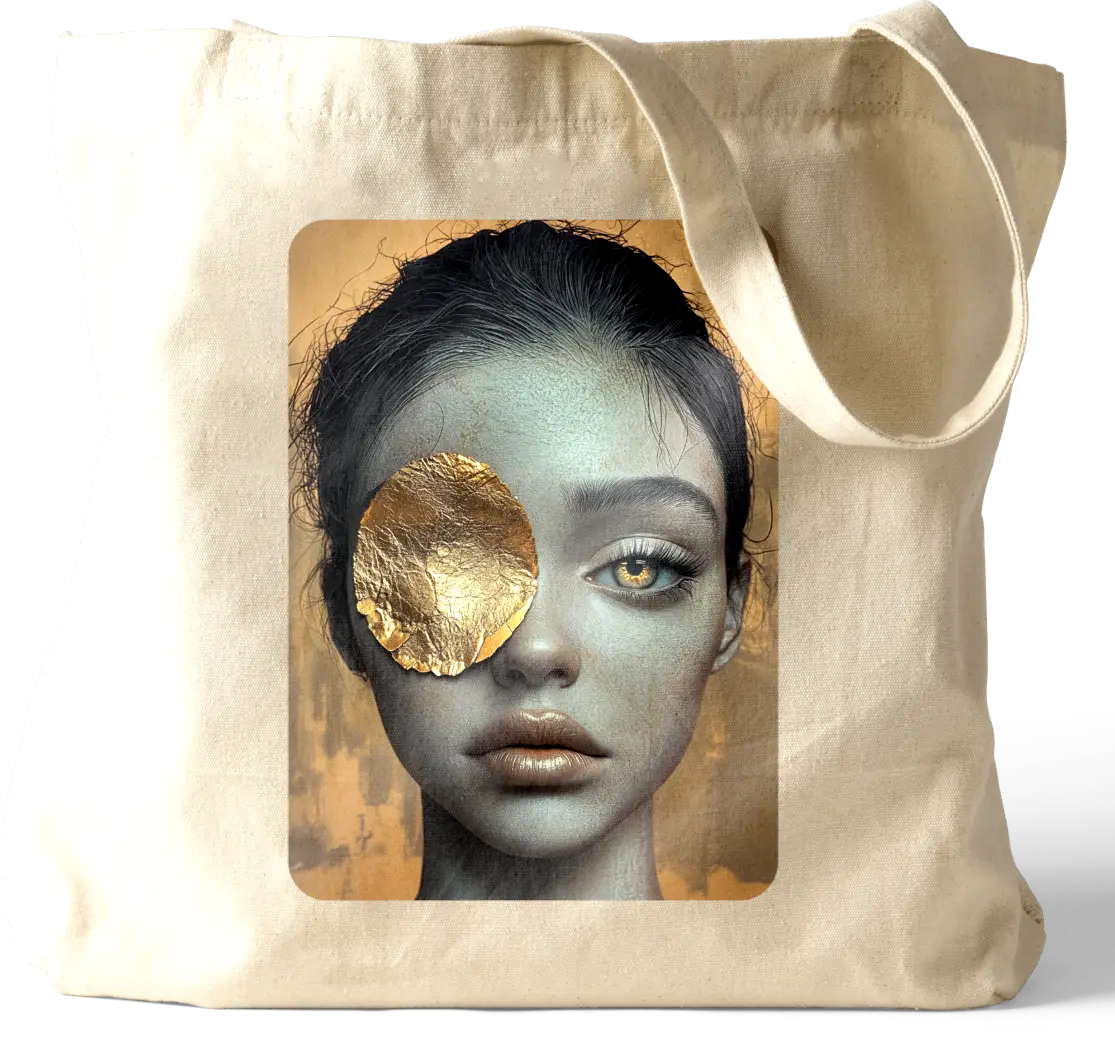 Golden Gaze Tote bag featuring an artistic design of a woman’s face with a captivating golden eye patch, symbolizing bold and expressive art.