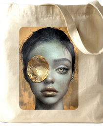 Golden Gaze Tote bag featuring an artistic design of a woman’s face with a captivating golden eye patch, symbolizing bold and expressive art.