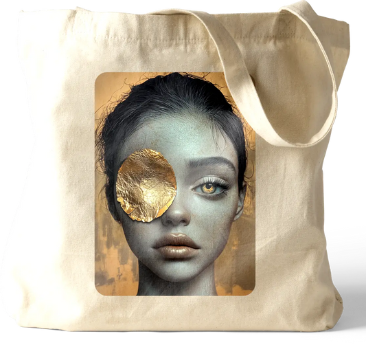 Golden Gaze Tote bag featuring an artistic design of a woman’s face with a captivating golden eye patch, symbolizing bold and expressive art.