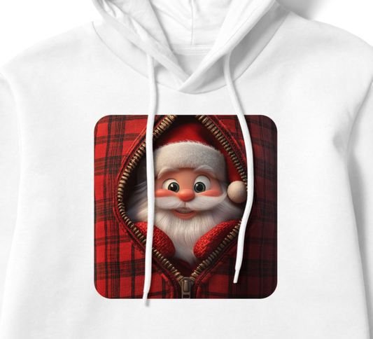 White cropped hoodie featuring a playful Santa Claus design framed by a red plaid zipper pattern, with ‘HO HO’ text printed on the sleeve.